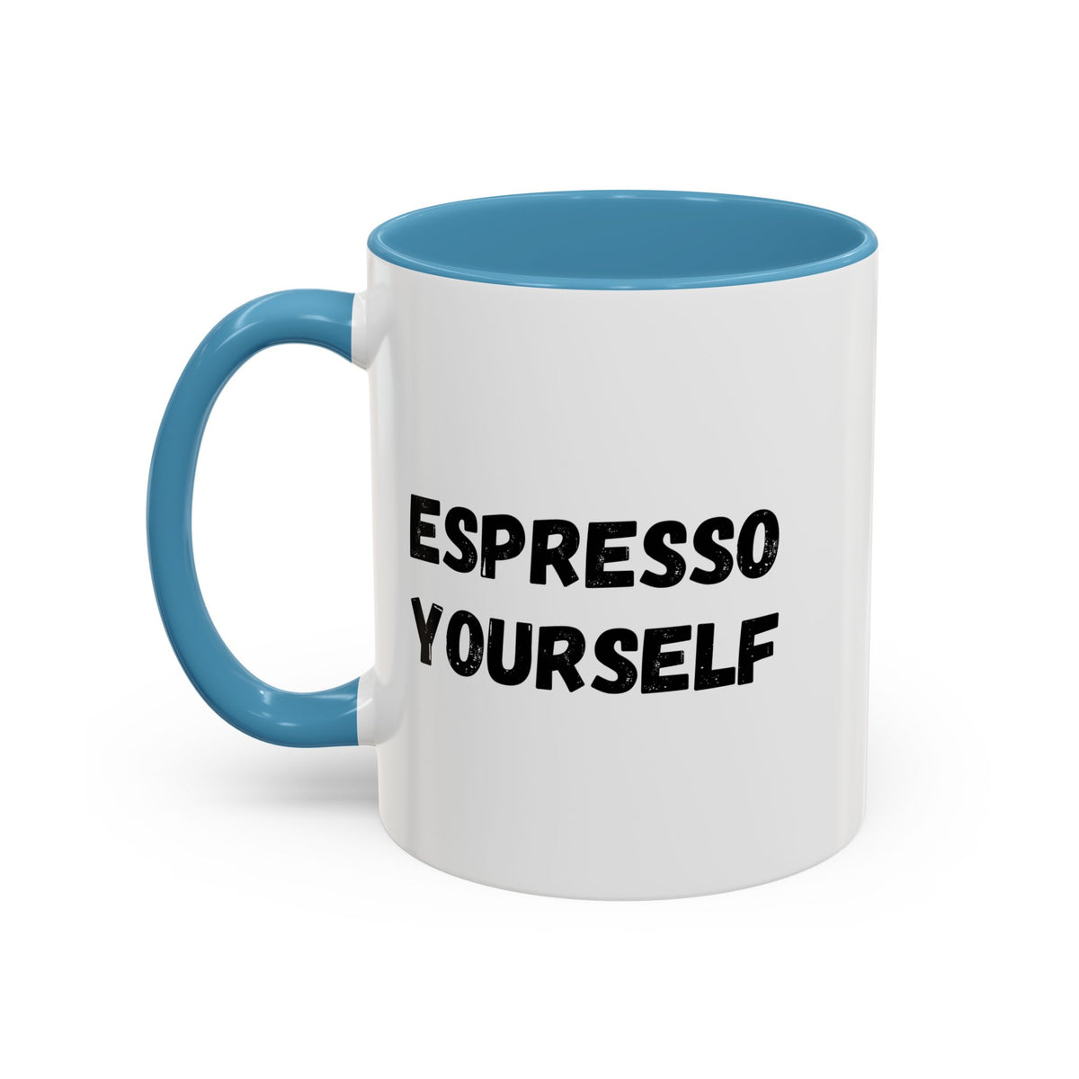 White ceramic espresso mug with "Espresso Yourself" humorous coffee lover slogan, 11 oz size, by Printify.