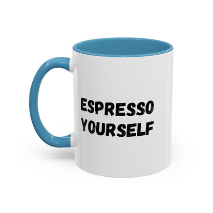 White ceramic espresso mug with "Espresso Yourself" humorous coffee lover slogan, 11 oz size, by Printify.