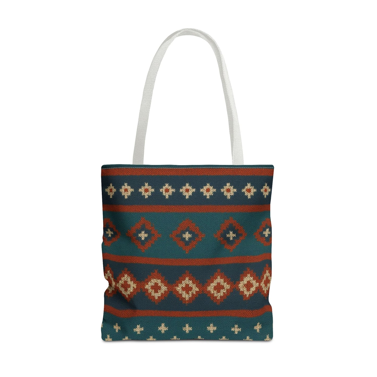 Southwestern diamond pattern tote bag with Aztec tribal geometric print, made by Printify, featuring colorful fabric design.
