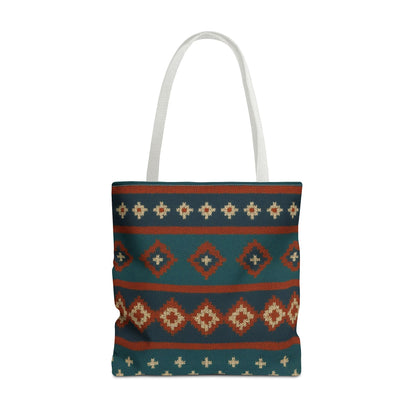 Southwestern diamond pattern tote bag with Aztec tribal geometric print, made by Printify, featuring colorful fabric design.
