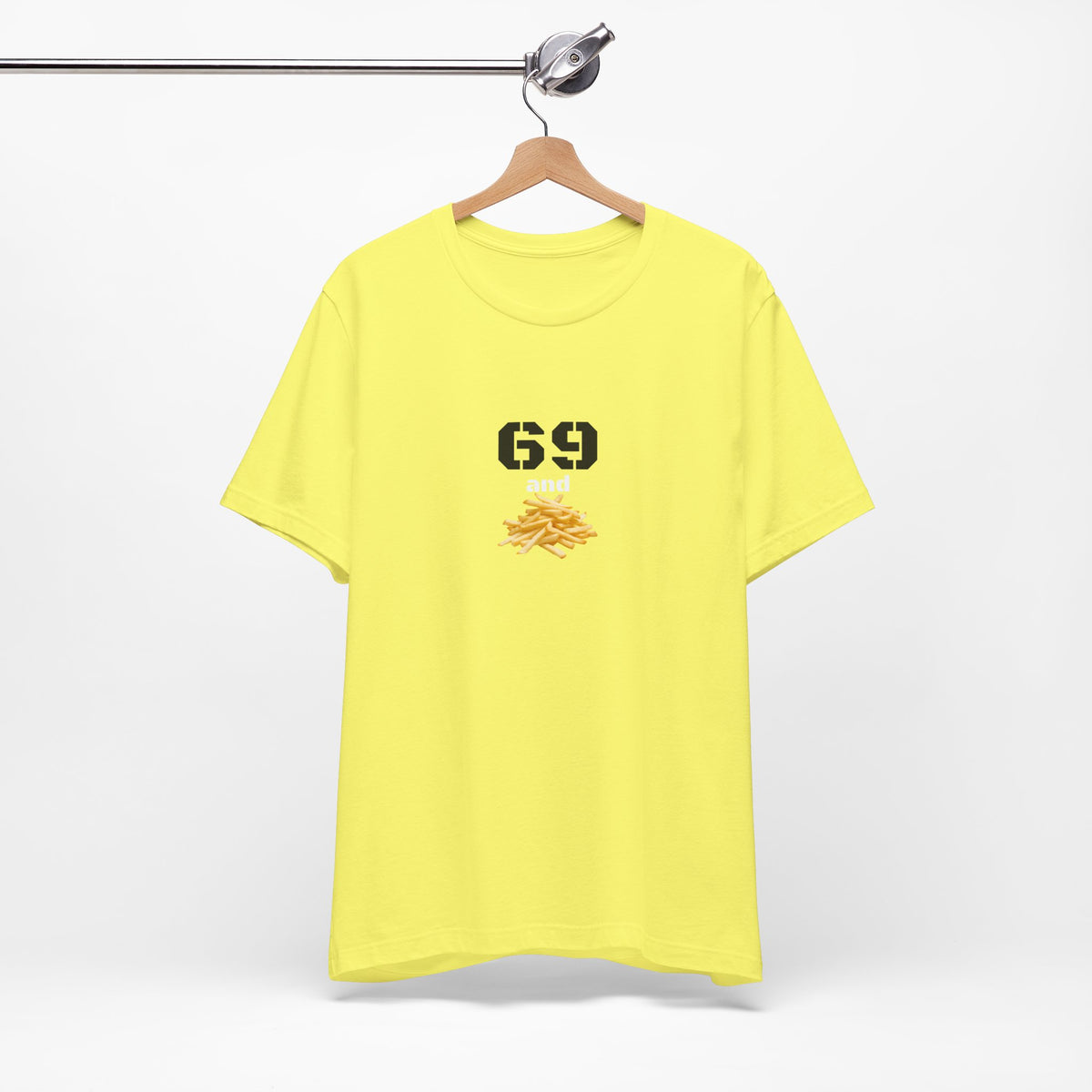 Unisex graphic T-shirt featuring a funny 69 and French fries design, casual wear by Printify with colorful print on front.