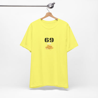 Unisex graphic T-shirt featuring a funny 69 and French fries design, casual wear by Printify with colorful print on front.