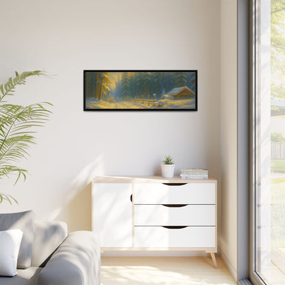 Framed winter cabin canvas print featuring a snowy forest sunset, wall art by Printify showcasing cozy outdoor scene.