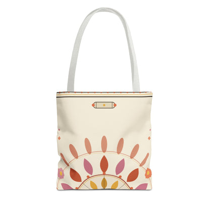 Boho floral mandala tote bag with pastel sunburst pattern from Printify, showcasing vibrant colors and bohemian style.