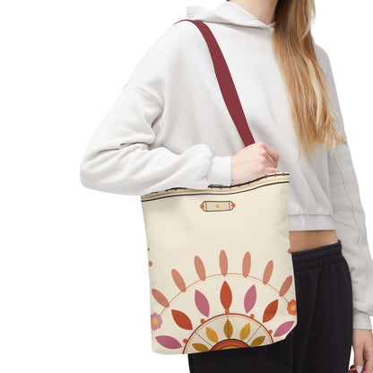 Boho floral mandala tote bag with pastel sunburst pattern, stylish canvas bag by Printify featuring vibrant floral designs.