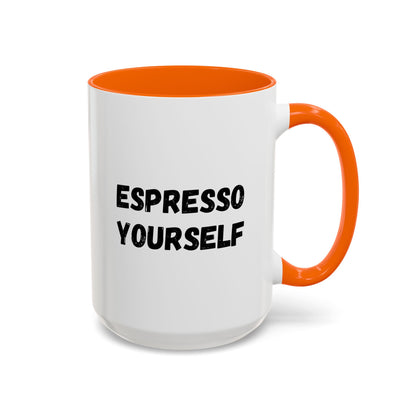 White ceramic espresso mug with "Espresso Yourself" humor phrase, perfect for coffee lovers, 11 oz size.