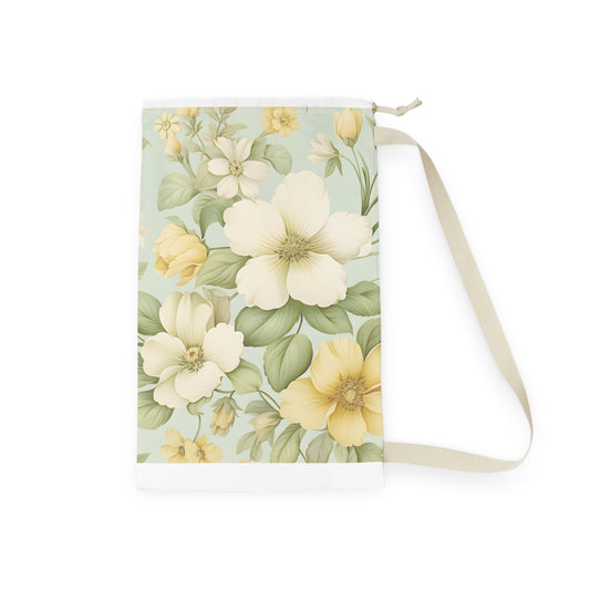 Vintage yellow floral canvas laundry bag with drawstring closure, ideal for storing and transporting laundry.
