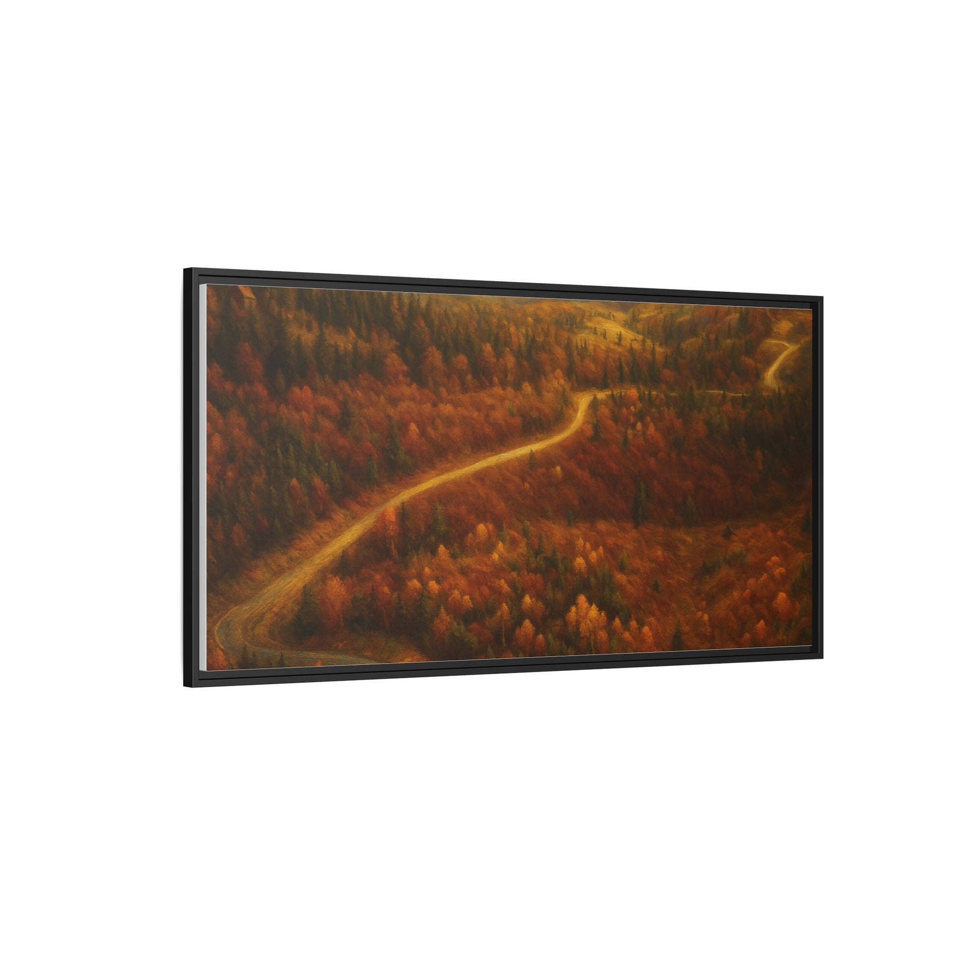 Framed matte canvas print of autumn forest road landscape wall art by Printify, showcasing vibrant fall trees and a scenic pathway.