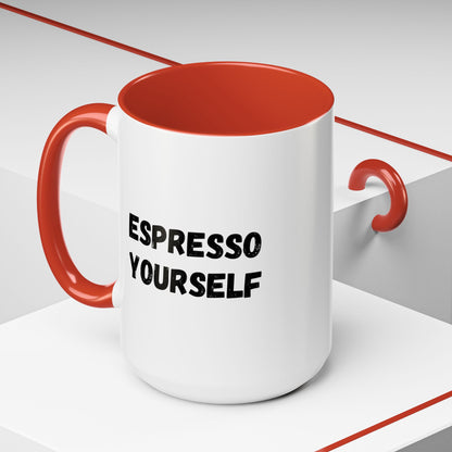 White ceramic espresso mug with "Espresso Yourself" printed in black, 11 oz size, ideal for coffee lovers.