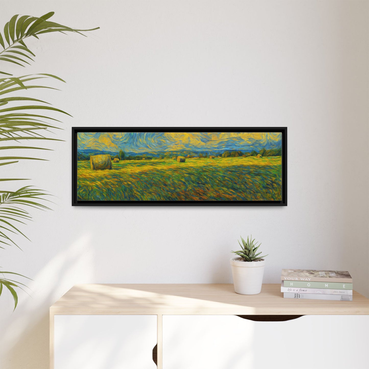 Framed landscape matte canvas print with multi-color design by Printify, showcasing a scenic artwork in natural tones.