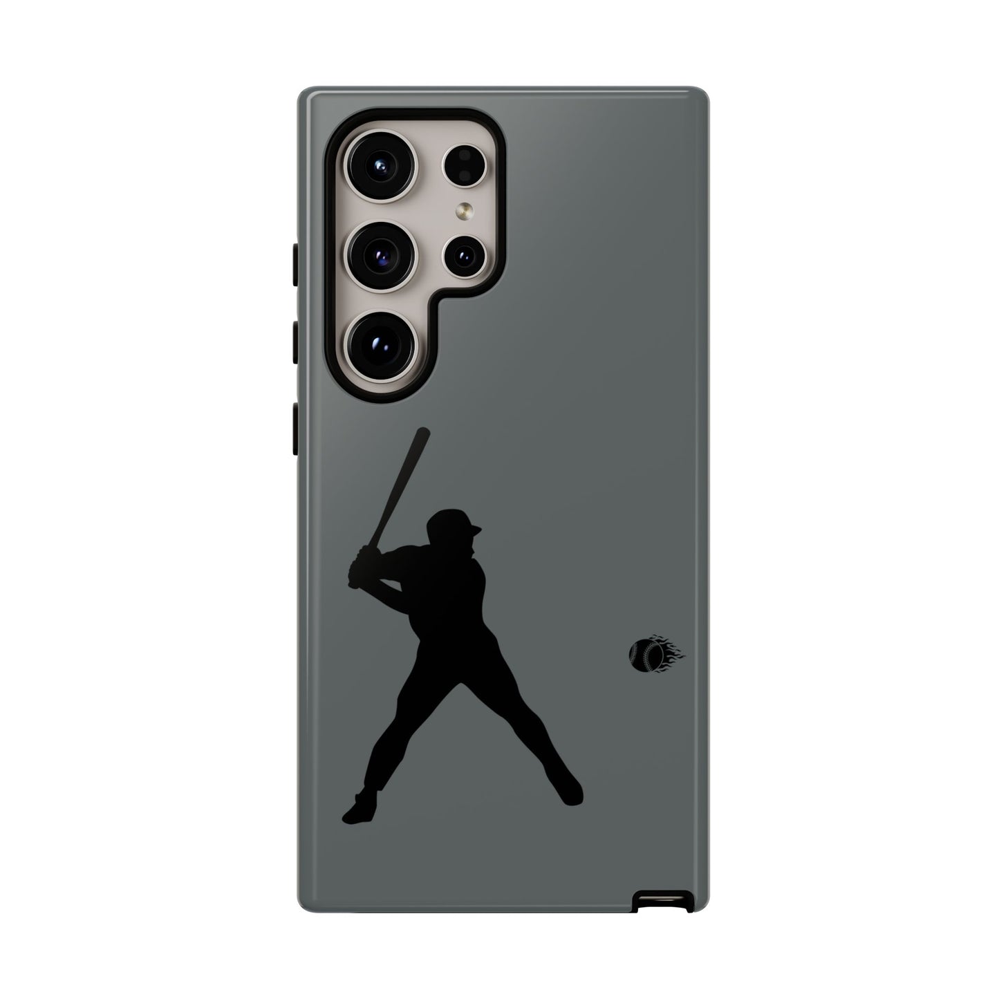 Black phone case with a white baseball silhouette design, protective sporty iPhone cover by Printify.