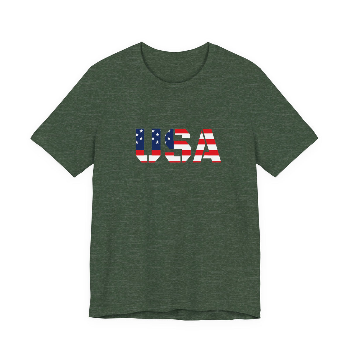USA flag text T-shirt by Printify featuring patriotic red, white, and blue design for July 4th celebrations.