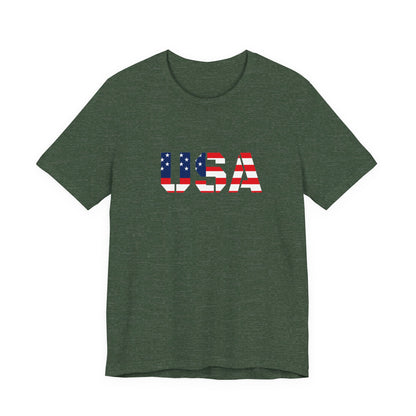 USA flag text T-shirt by Printify featuring patriotic red, white, and blue design for July 4th celebrations.