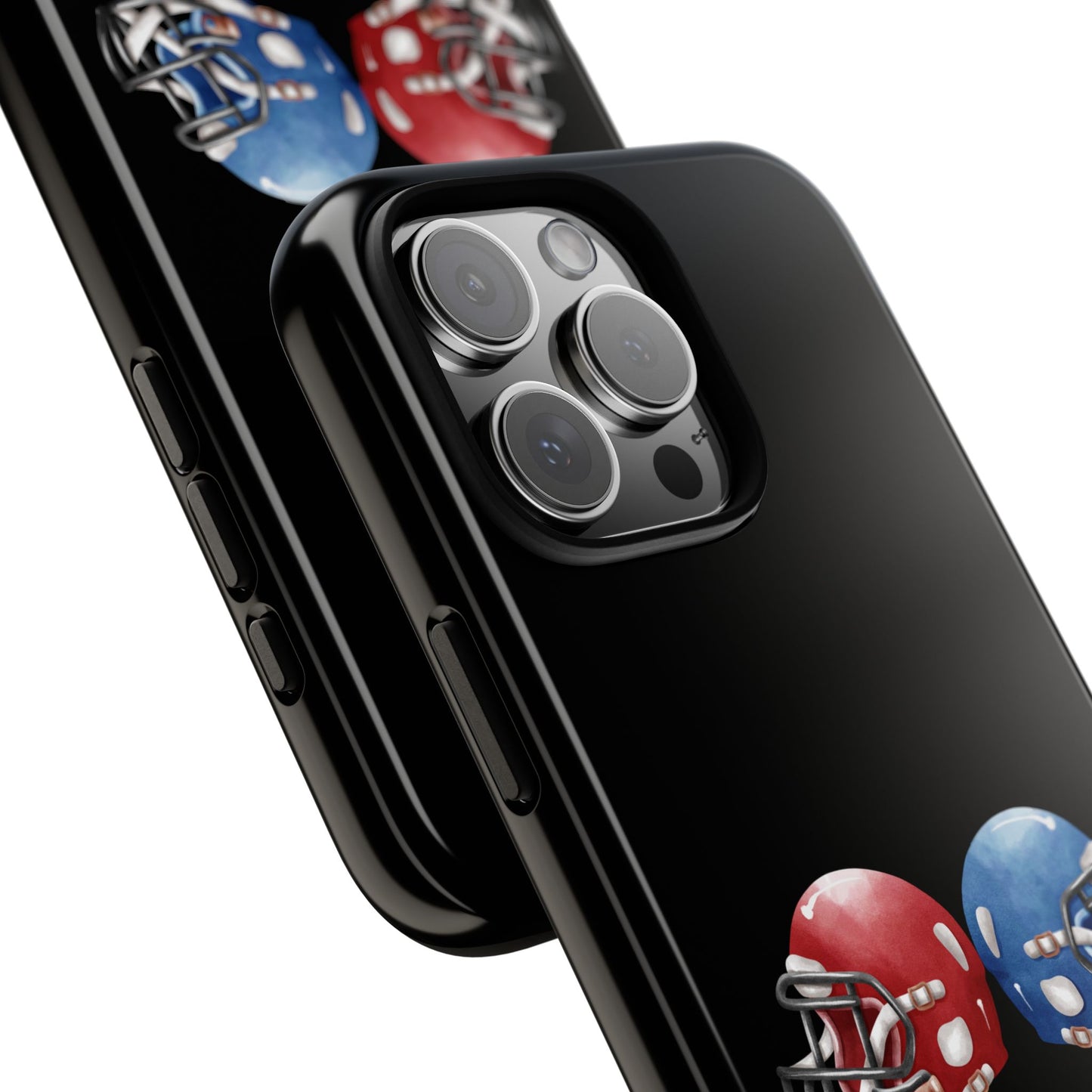 Football helmet tough phone case for iPhone featuring red and blue colors, protective Printify iPhone cover with sports design.