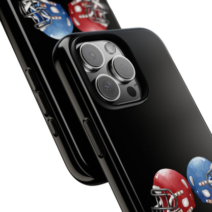 Football helmet tough phone case for iPhone featuring red and blue colors, protective Printify iPhone cover with sports design.