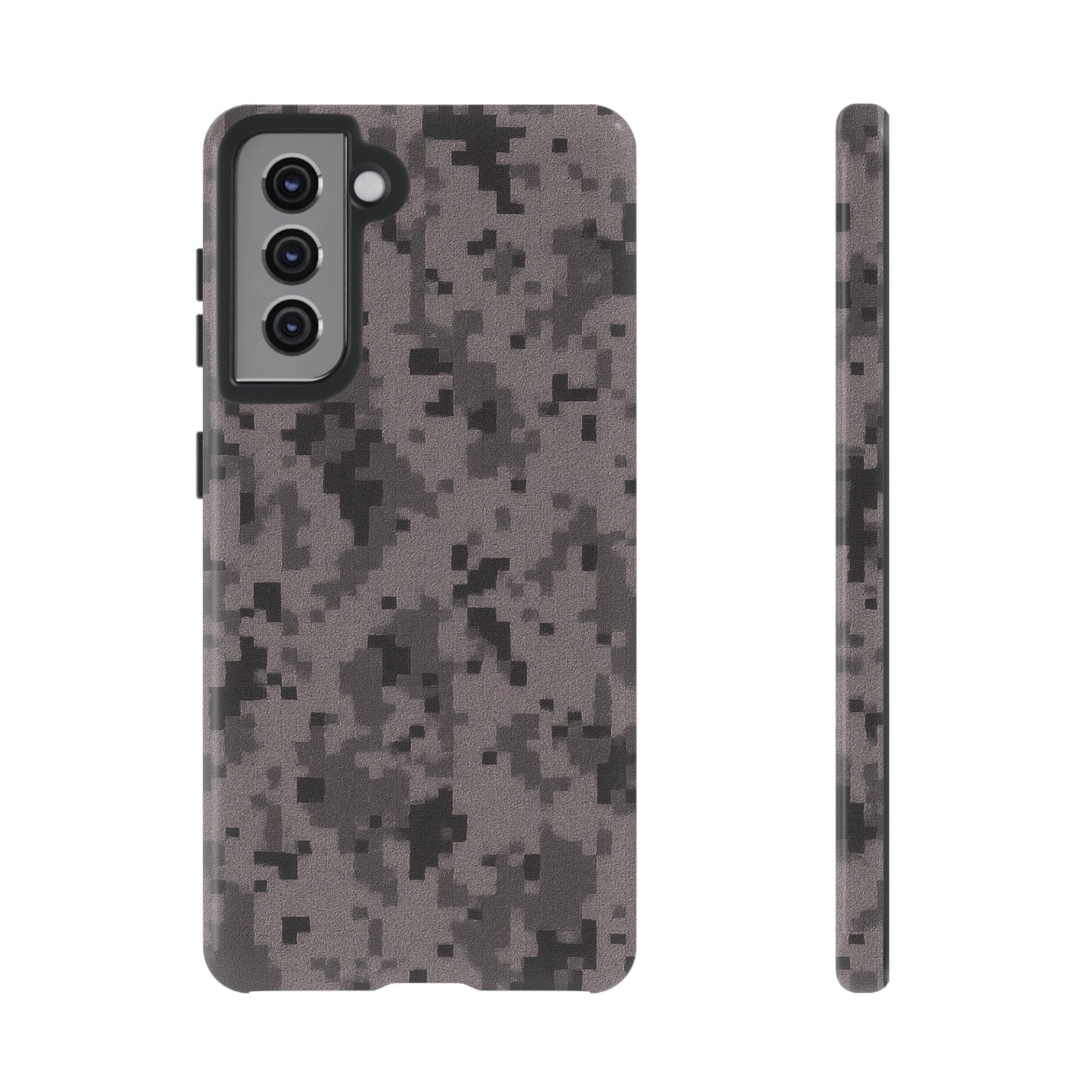 Gray digital camouflage phone case by Printify, tough protective cover for smartphones with a rugged camouflage design.