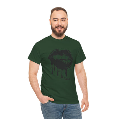 Graphic T-shirt featuring dripping lips and "hmm..." bite design by Printify, showcasing a bold, artistic print on a casual tee.