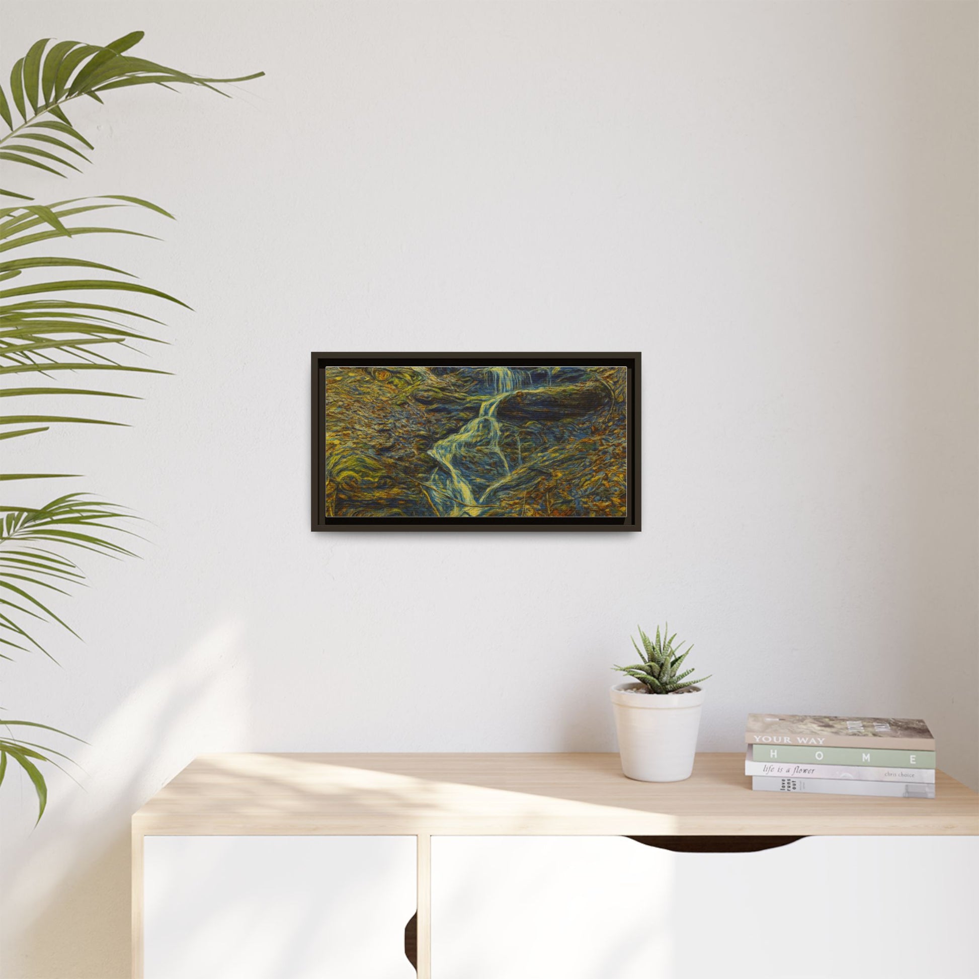 Framed matte canvas wall art featuring a serene autumn forest with a waterfall, designed by Printify.