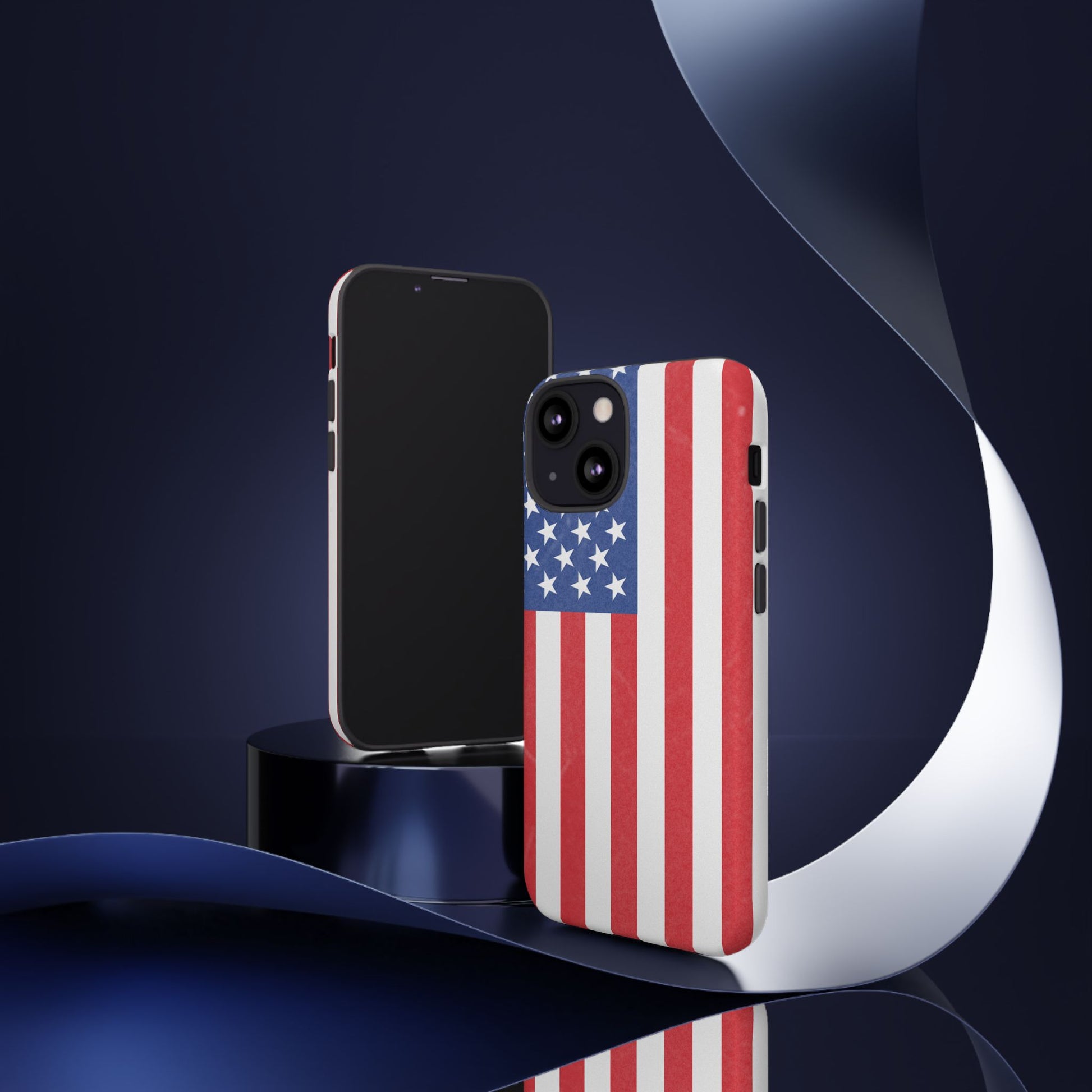 American flag tough phone case for iPhone and Samsung, with patriotic design and durable protective cover by Printify