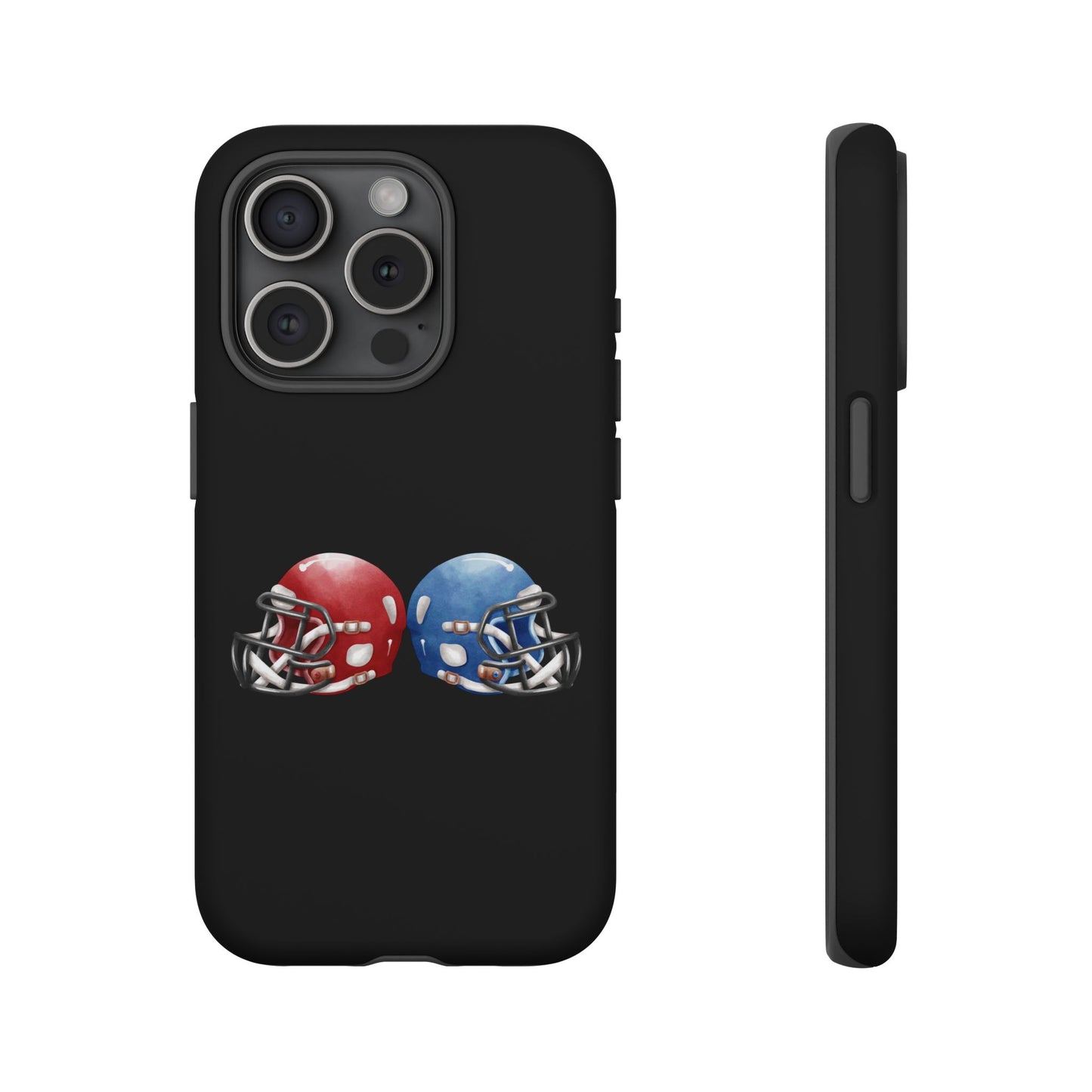 Red and blue football helmet tough phone case for iPhone, protective Printify cover with sporty design.