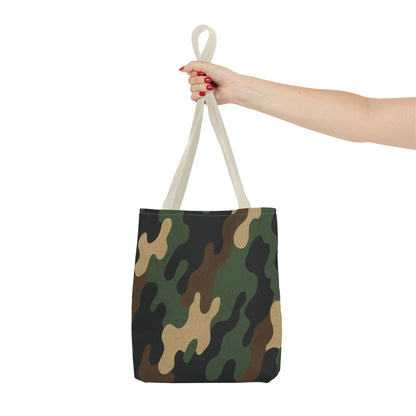 Camo pattern tote bag from Printify, all-over print canvas carryall with sturdy handles and spacious interior.