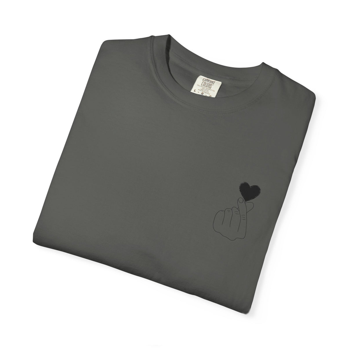 Black T-shirt with a minimal white finger heart graphic, casual Printify T-shirt for everyday wear