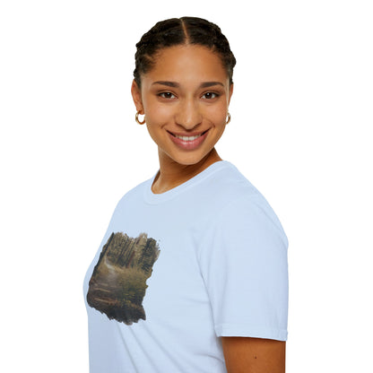 Vintage forest landscape T-shirt by Printify featuring a nature pathway scene on a casual cotton tee.