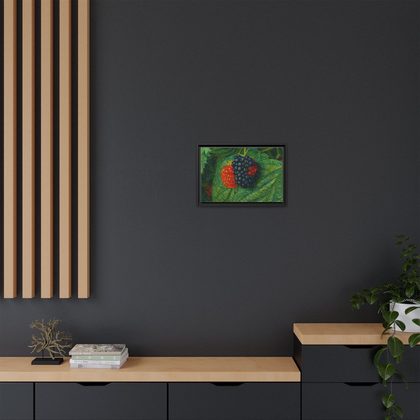 Blackberry still life framed canvas print by Printify featuring realistic grape and leaf artwork on a textured canvas background