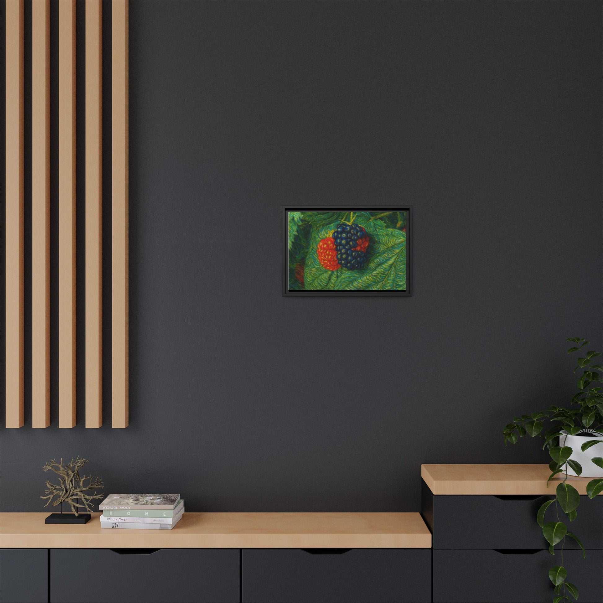 Blackberry still life framed canvas print by Printify featuring realistic grape and leaf artwork on a textured canvas background