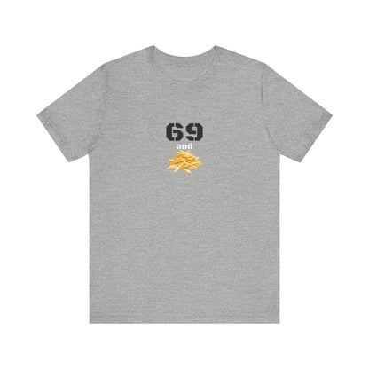 Unisex graphic T-shirt with funny 69 and French fries design, featuring quirky print on cotton fabric.