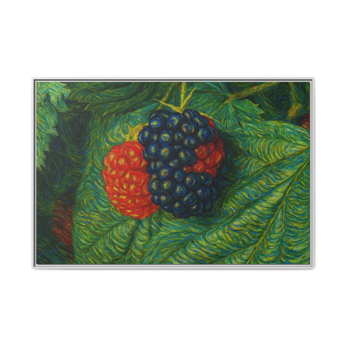 Blackberry still life framed canvas print by Printify showing a detailed image of ripe blackberries in a decorative frame.