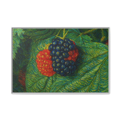 Blackberry still life framed canvas print by Printify showing a detailed image of ripe blackberries in a decorative frame.