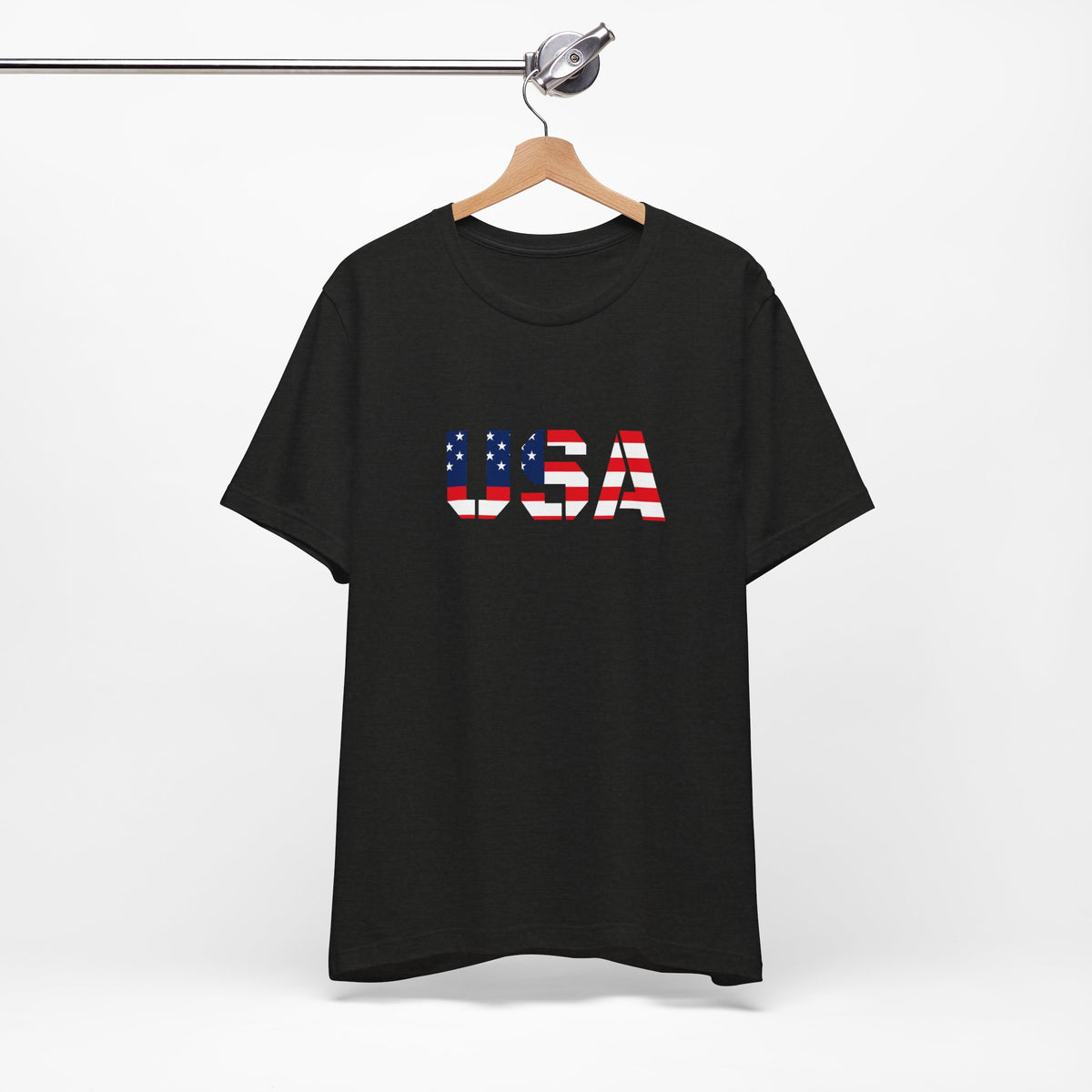 USA Flag Text T-Shirt by Printify featuring patriotic red, white, and blue colors with bold USA lettering for Fourth of July.