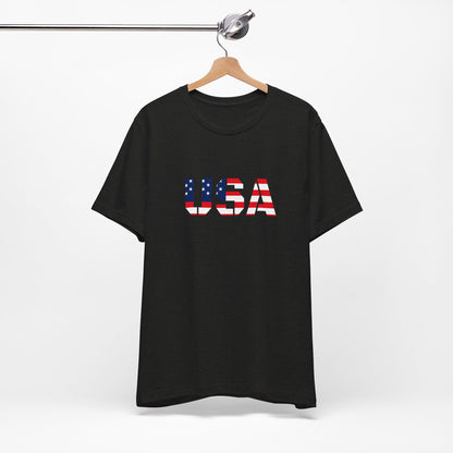 USA Flag Text T-Shirt by Printify featuring patriotic red, white, and blue colors with bold USA lettering for Fourth of July.