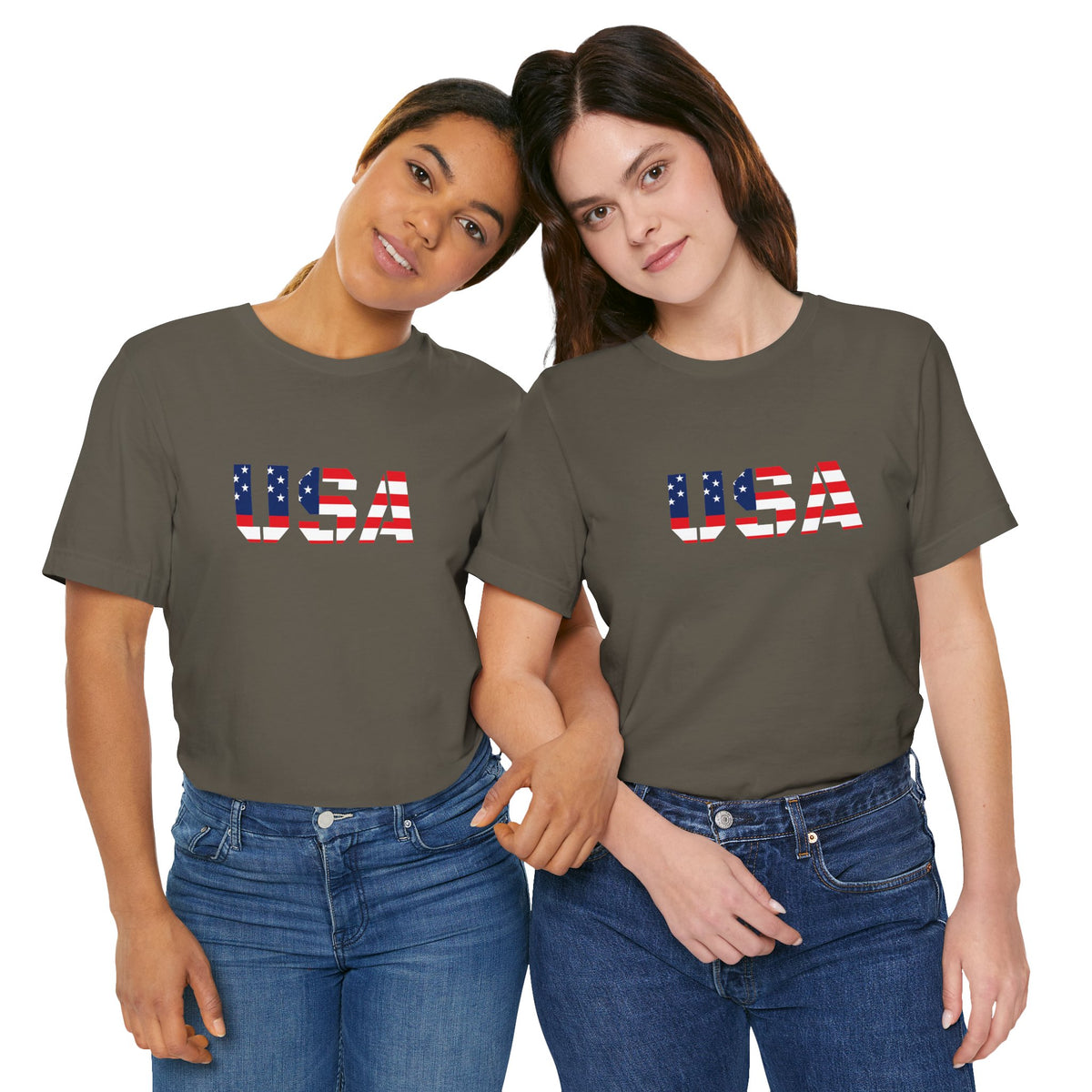 Red, white, and blue USA flag text T-shirt by Printify featuring patriotic Fourth of July design and casual fit.