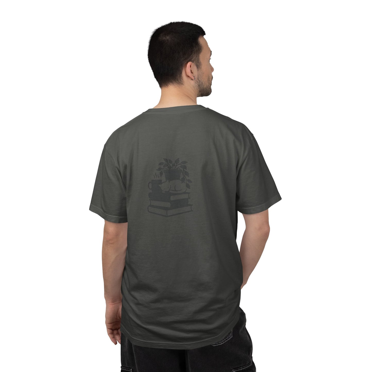 Cozy Cat on Books T-Shirt | Reading Tea Stack Illustration