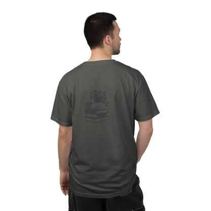 Cozy Cat on Books T-Shirt | Reading Tea Stack Illustration