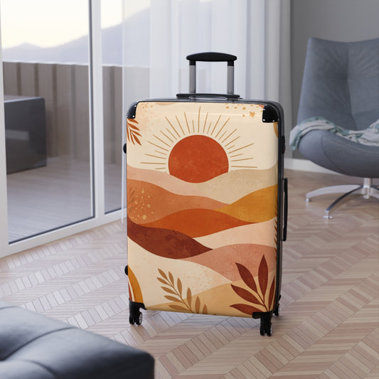 Sunset landscape suitcase cover by Printify, boho travel luggage protector on a travel bag with vibrant sunset design.