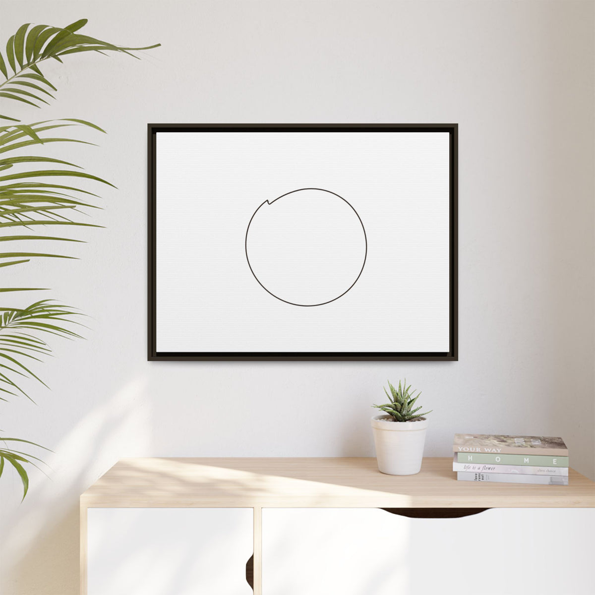 Framed matte canvas wall art featuring a minimal circular line design, by Printify, perfect for modern home decor.