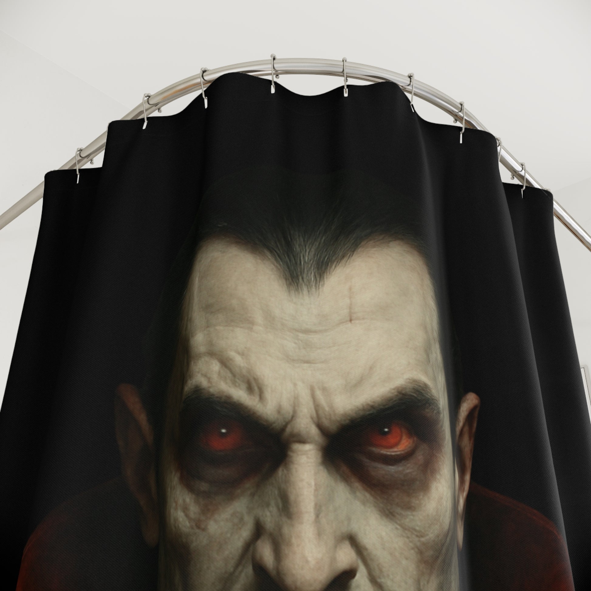 Gothic horror vampire portrait shower curtain from Printify, featuring dark, eerie vampire artwork for bathroom decor.