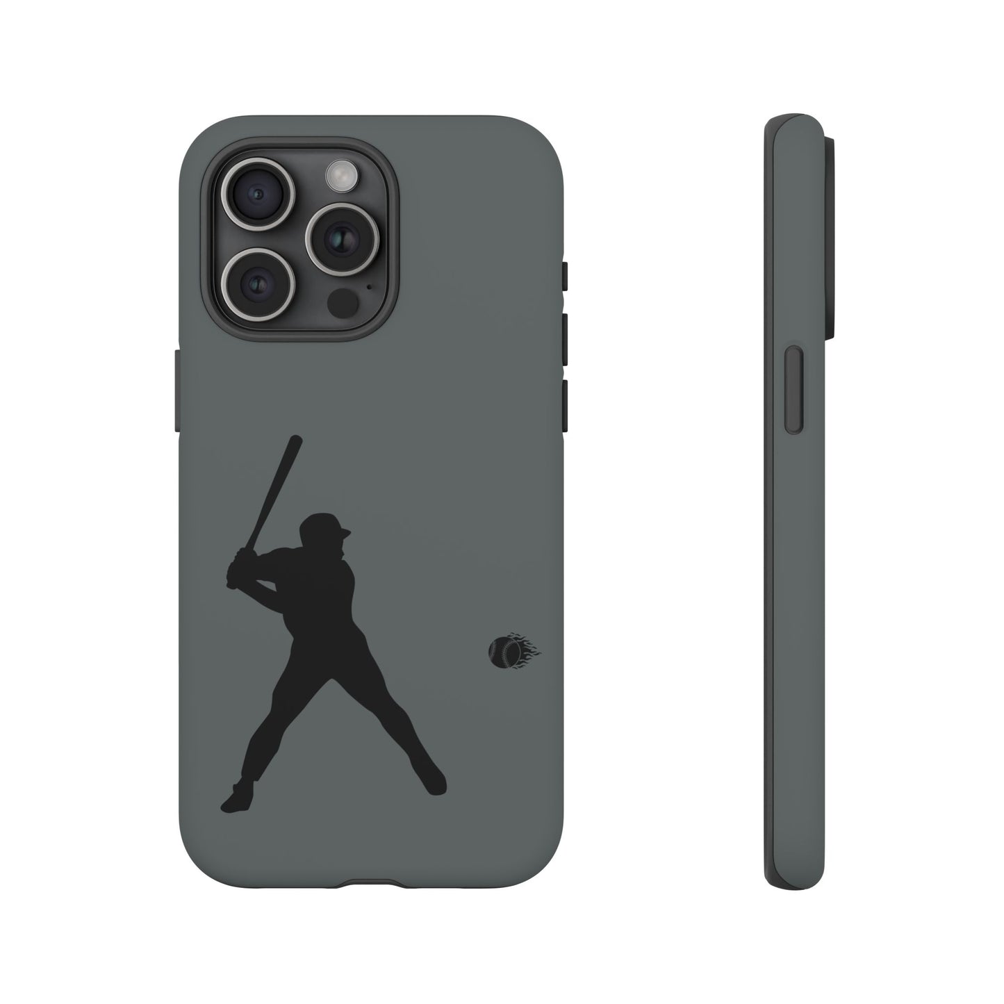 Black baseball silhouette tough phone case for iPhone, protective sporty design with printify branding visible.