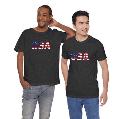 White USA flag text T-shirt by Printify featuring patriotic Fourth of July design, casual crew neck style, front view.