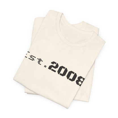 Gray Printify "Established 2008" graphic T-shirt featuring minimal design and bold text on soft cotton fabric.