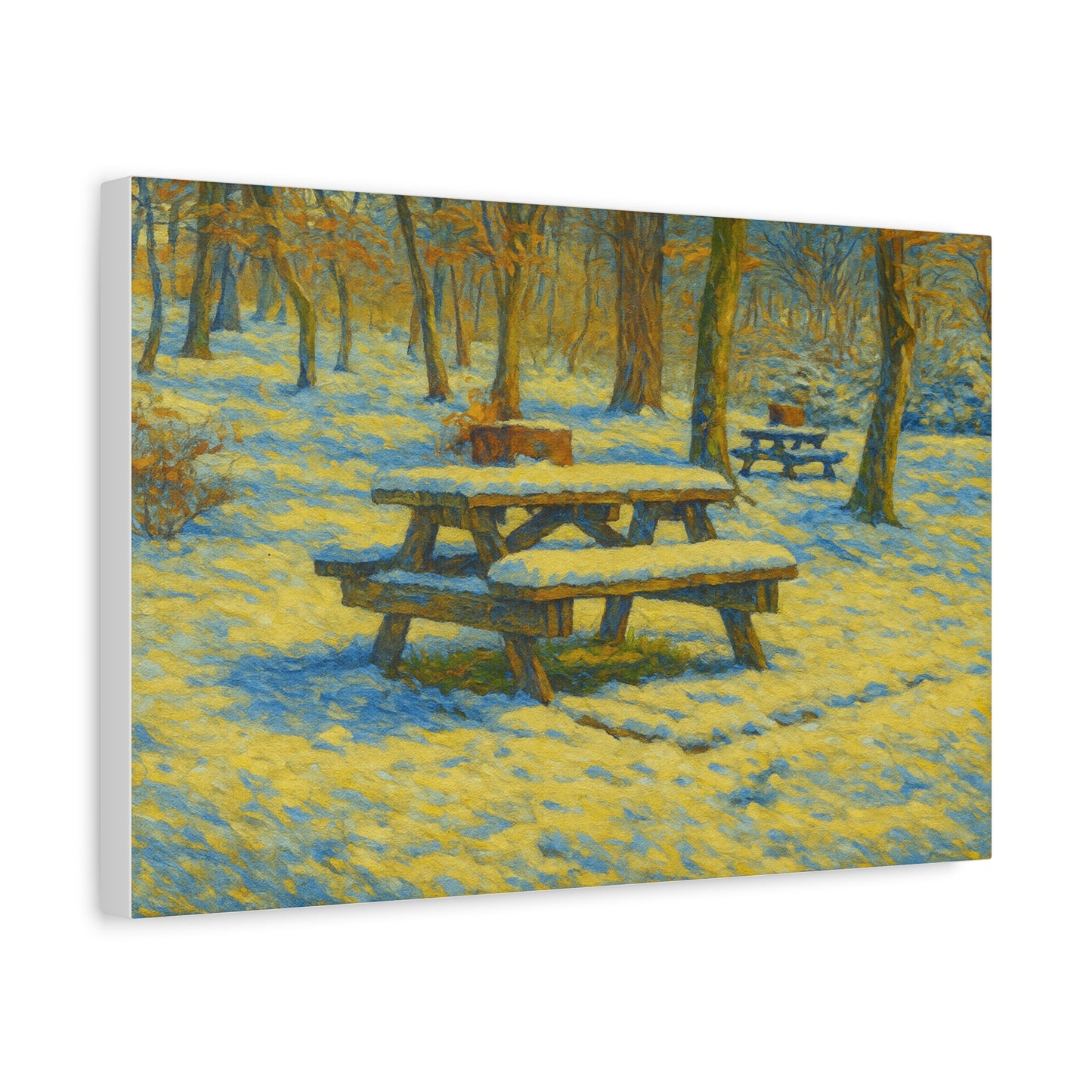 Winter picnic canvas print by Printify featuring a snow-covered park bench wall art scene on a canvas art piece.