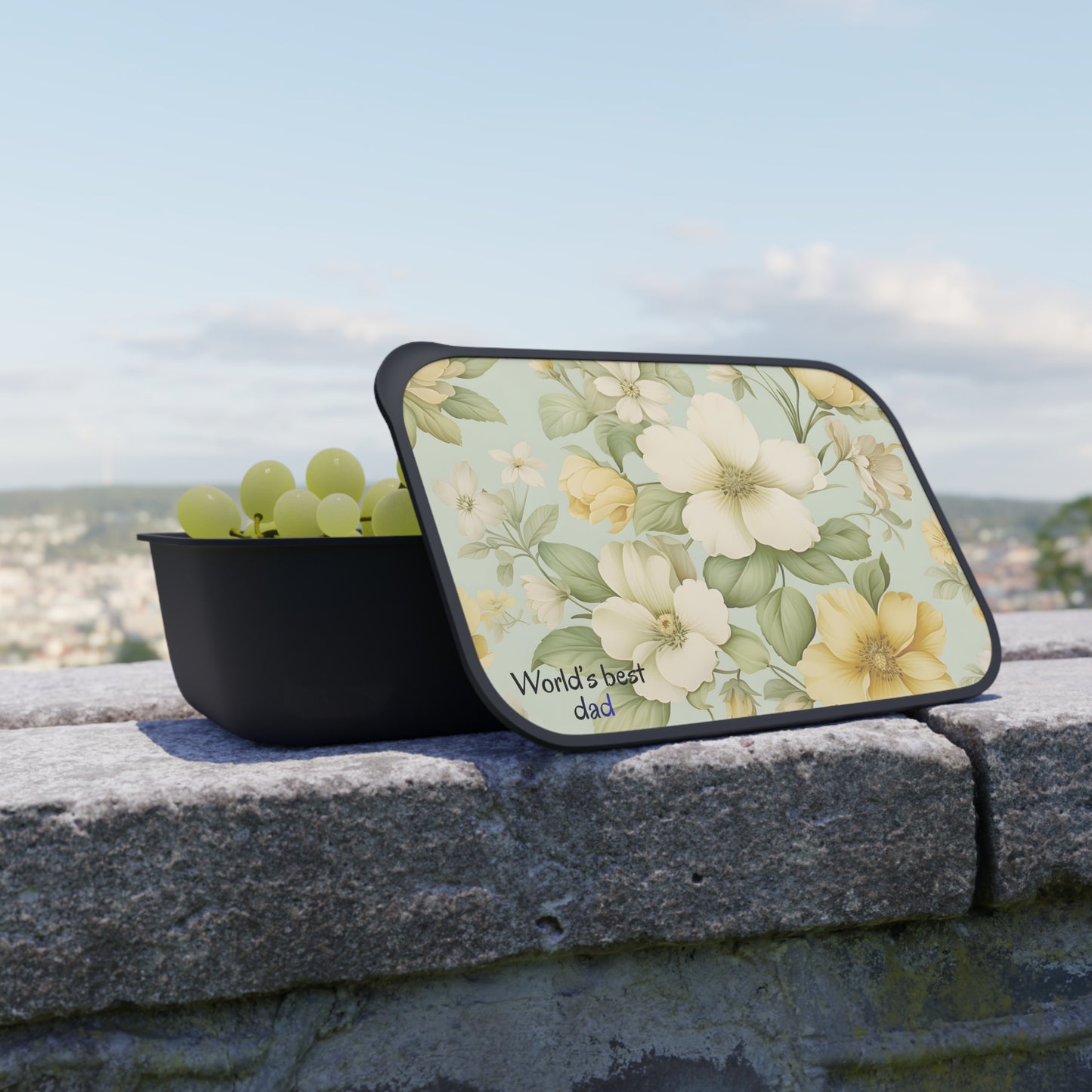 Yellow White Floral Pattern Bento Box with Band and Utensils | PLA Lunch Container