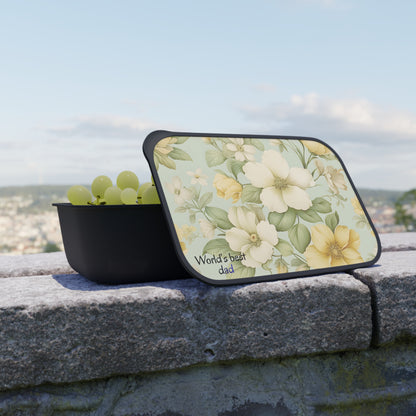 Yellow White Floral Pattern Bento Box with Band and Utensils | PLA Lunch Container