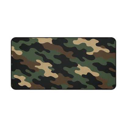 Large camouflage desk mat by Printify, featuring a military-style camo pattern, ideal for office and gaming mouse pad.