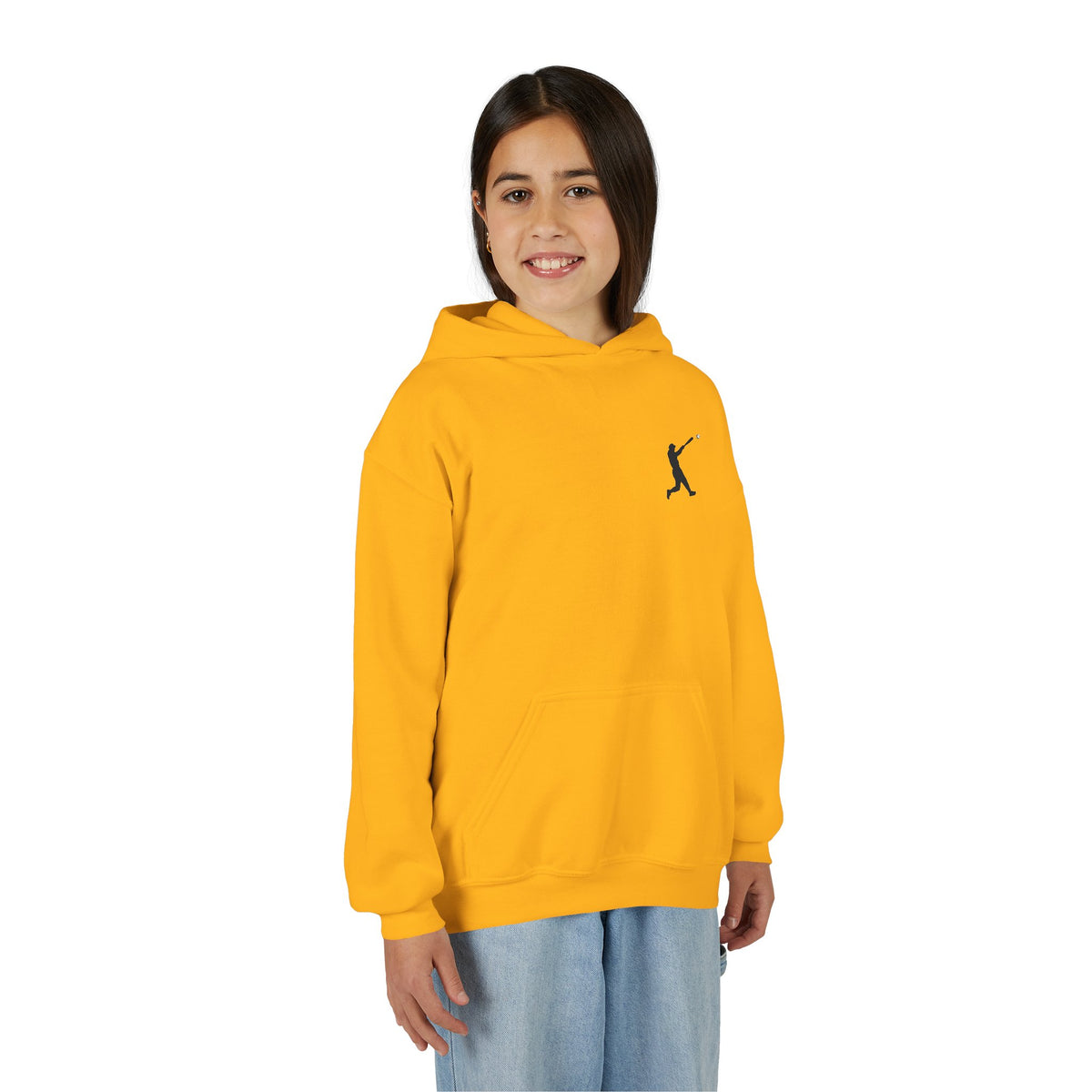 Youth baseball silhouette hoodie for kids, featuring a printed baseball player design on a comfortable pullover sweatshirt.