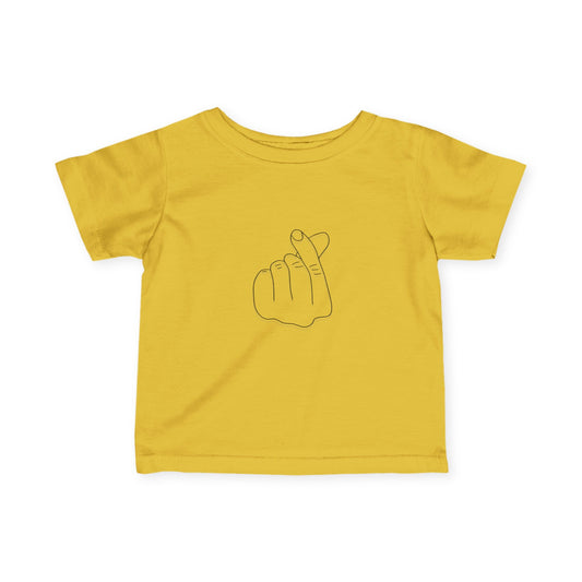 Cute infant T-shirt with love hand gesture print, kids clothing by Printify, featuring a soft fabric and playful design.