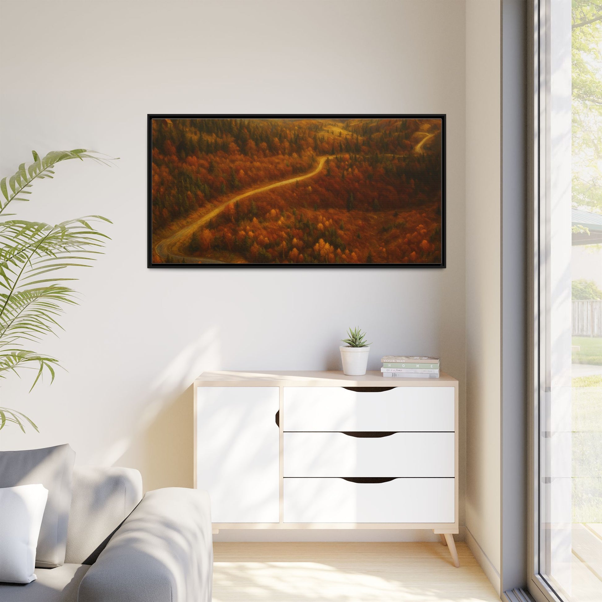 Framed matte canvas print of autumn forest road landscape wall art by Printify, showcasing vibrant fall colors and scenic nature view.
